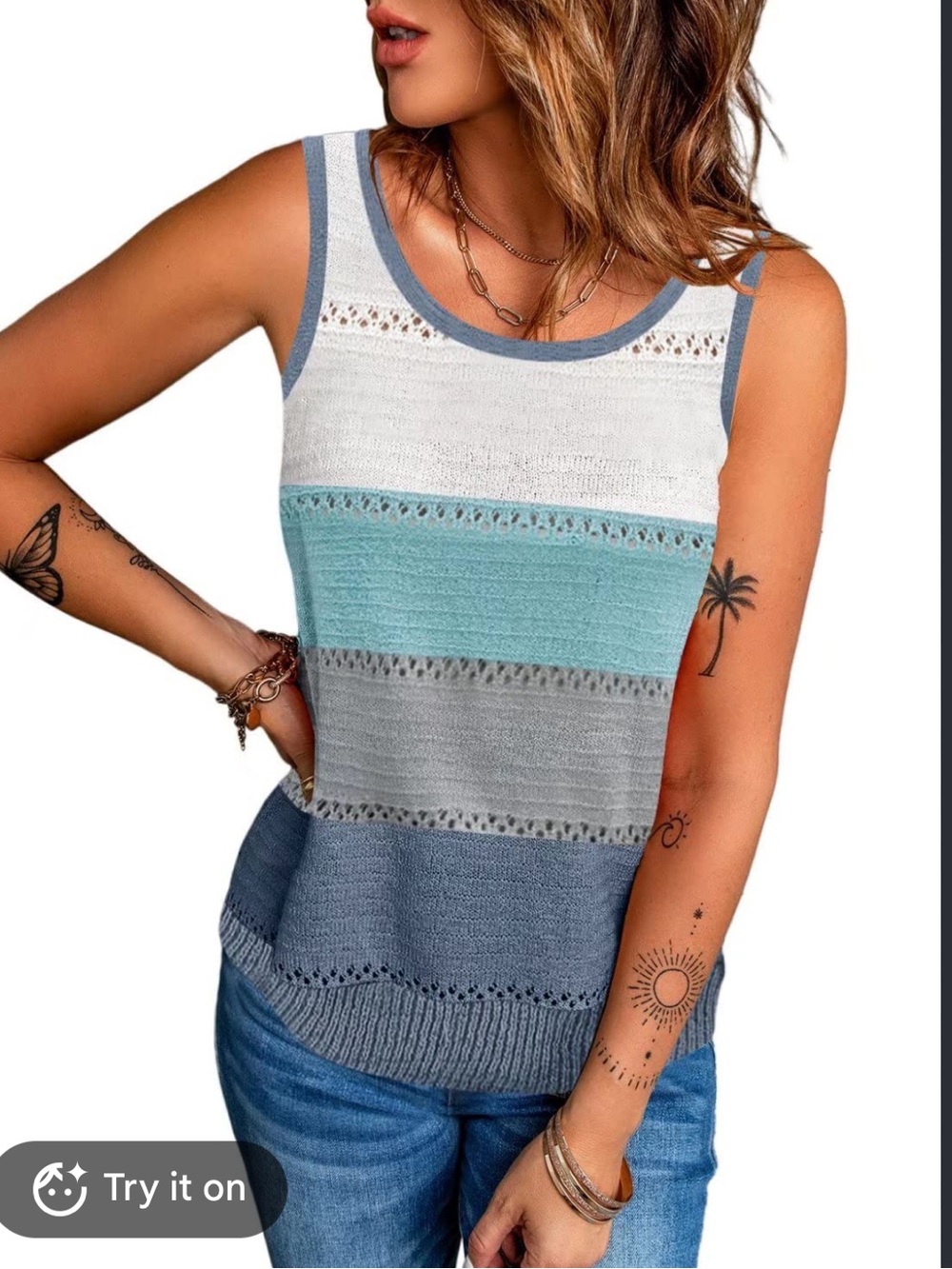 Blue and cream color block scoop neckline knit sweater tank top size XL